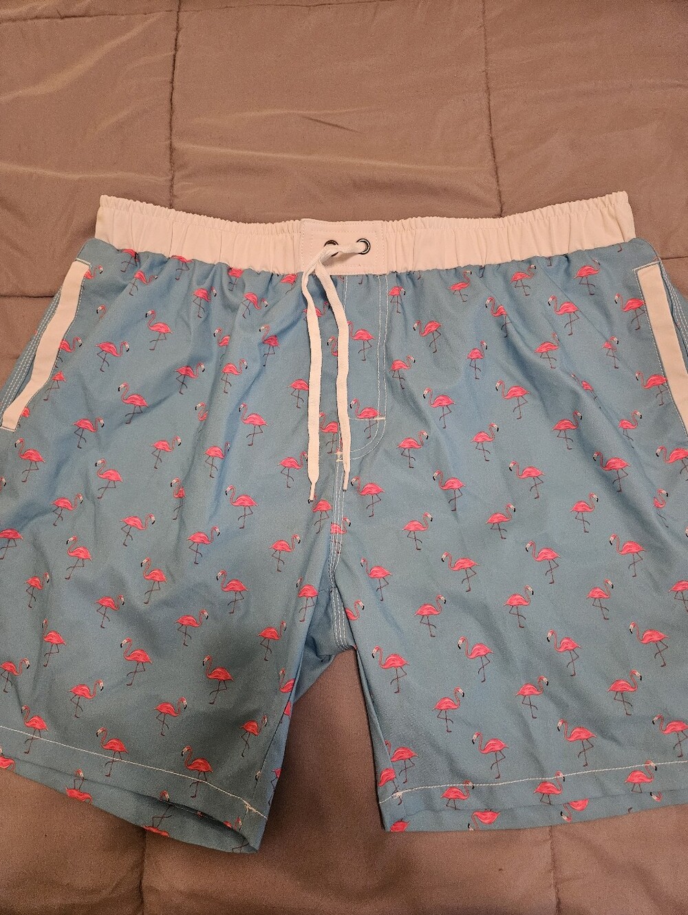NONWE Light Blue Flamingo-Print Men's Swim Trunks with White Waistband